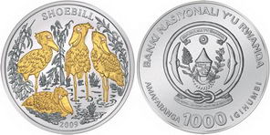 Изображение китоглава на серебряной монете в 1000 франков Руанды